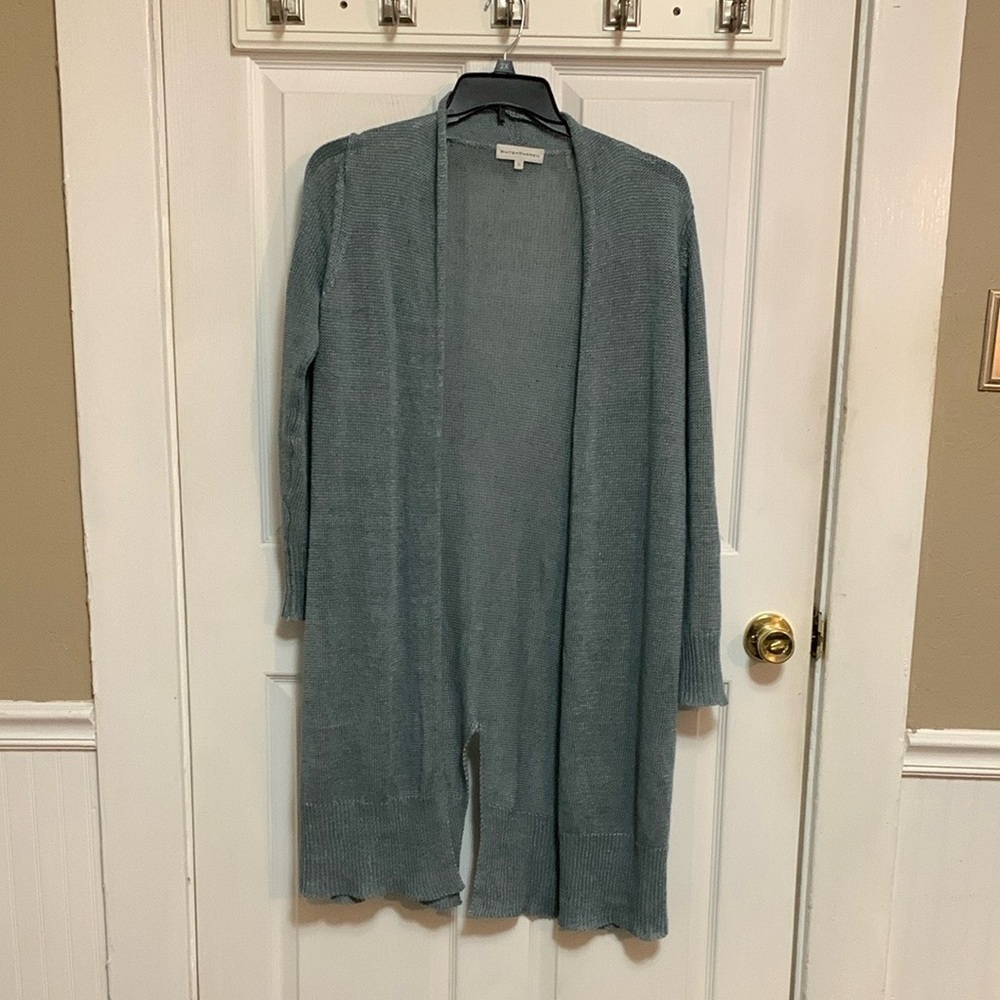 White +Warren Women’s 100% Linen Longline Open Front Green Sweater Small